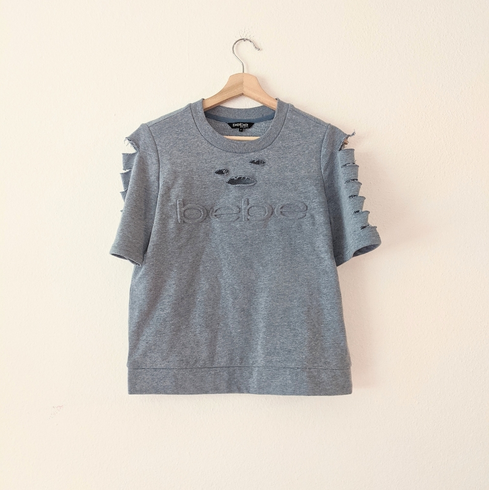 Bebe Sport Distressed Ripped Blue T Shirt